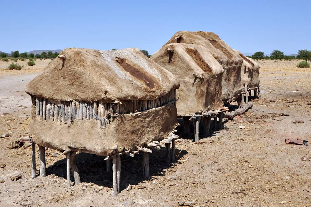 2011-11-13_10-47-12.jpg - Im Dorf der Himba (Nahrungs-Vorratshütten werden auf Stelzen gebaut und mit Lehm zugeschmiert, um das Eindringen von Nagern und Regenwasser zu verhindern.)