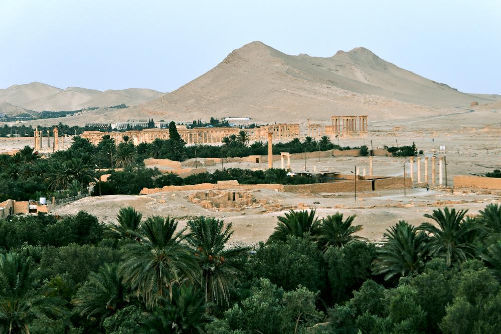 101015-063948.jpg - Palmyra: Ein letzter Blick auf das Ausgrabungsgelände, mit dem Tetrapylon rechts und dem Bogentor links.